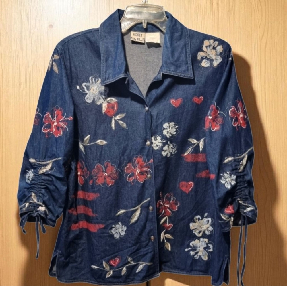 Vintage Koret Blue Denim Embellished Jacket Top with Red and White Floral Design